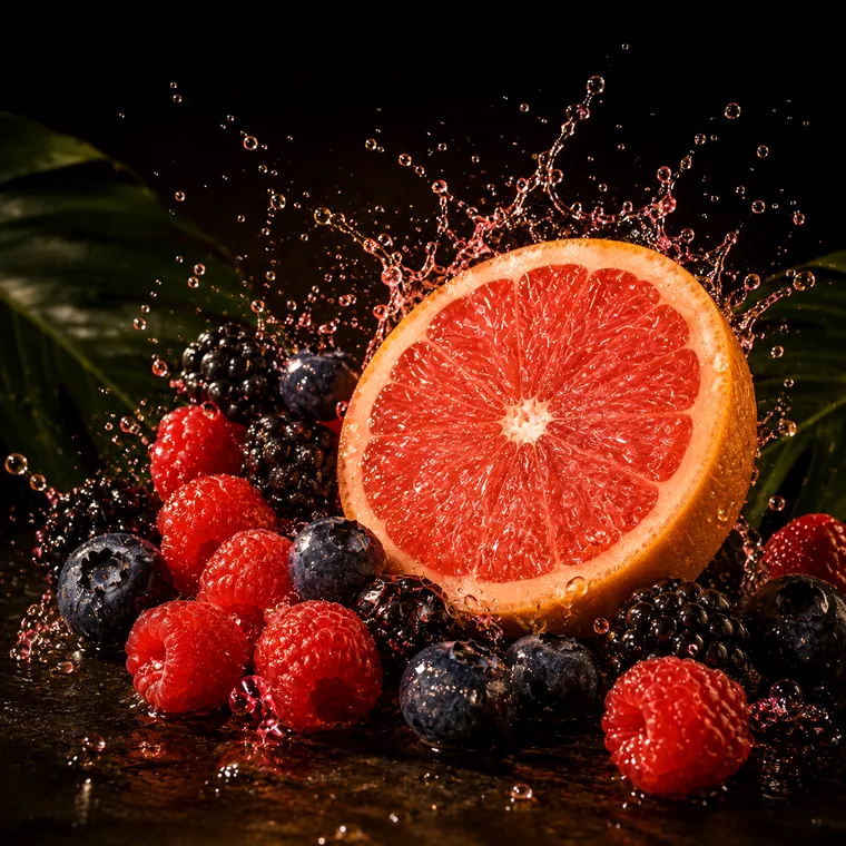 Vizuální ztvárnění příchutě Ice Baby: Lesní plody a grapefruit