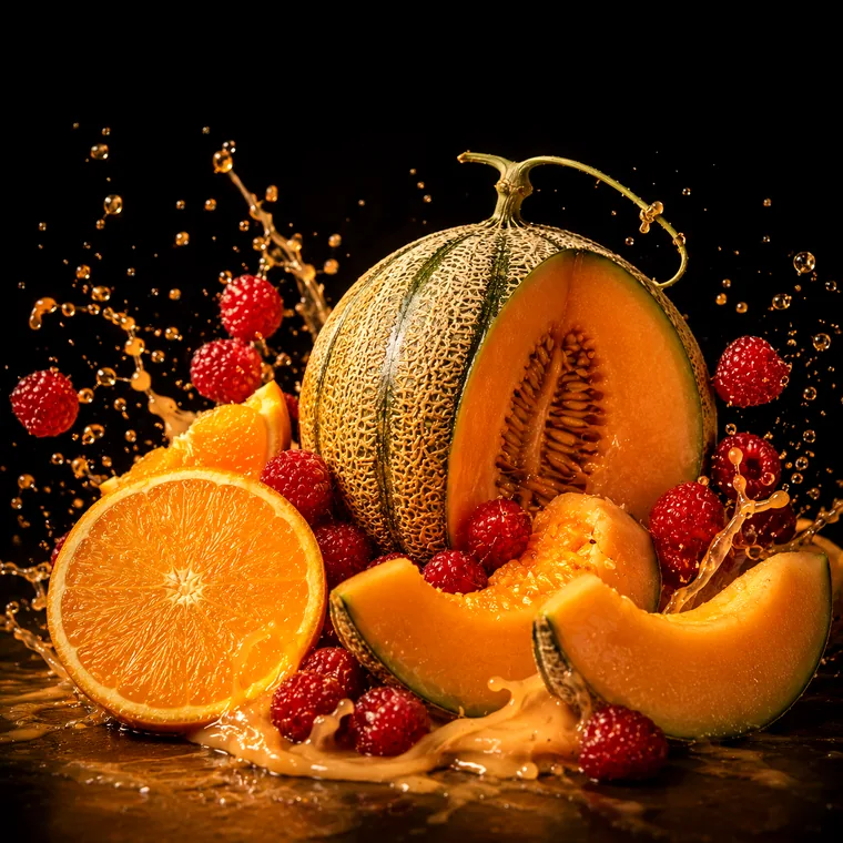 Vizuální ztvárnění příchutě Summer Basket: Cukrový meloun, malinové smoothie a pomeranč
