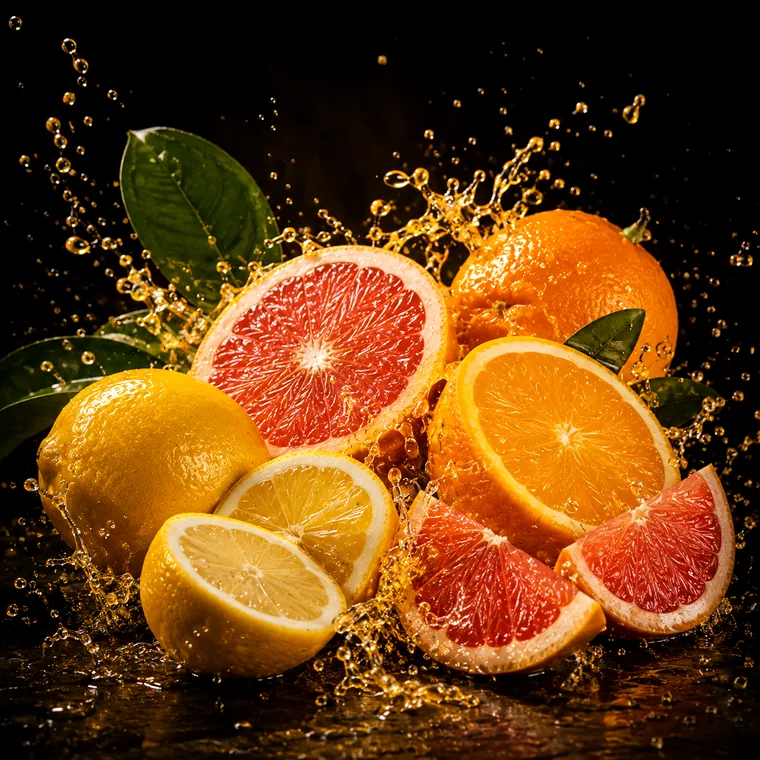 Vizuální ztvárnění příchutě Sunday Sun: Pomeranč, grapefruit a citron