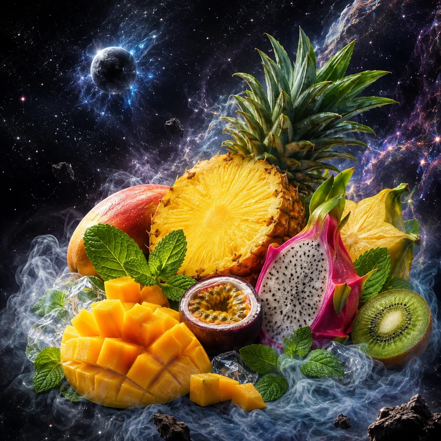 Realistické kosmické ztvárnění příchutě Astro Love: Tropické ovoce • máta