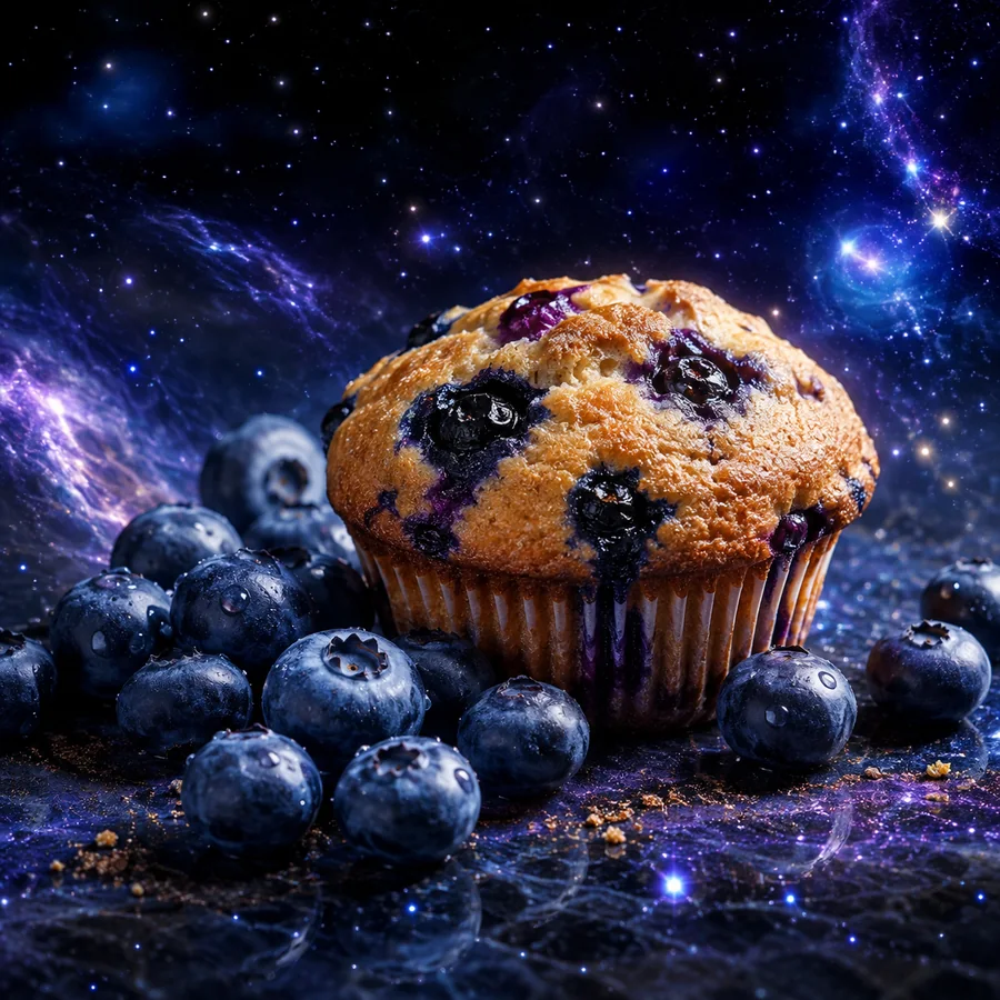 Realistické kosmické ztvárnění příchutě Blue Mufflon: Borůvkový muffin