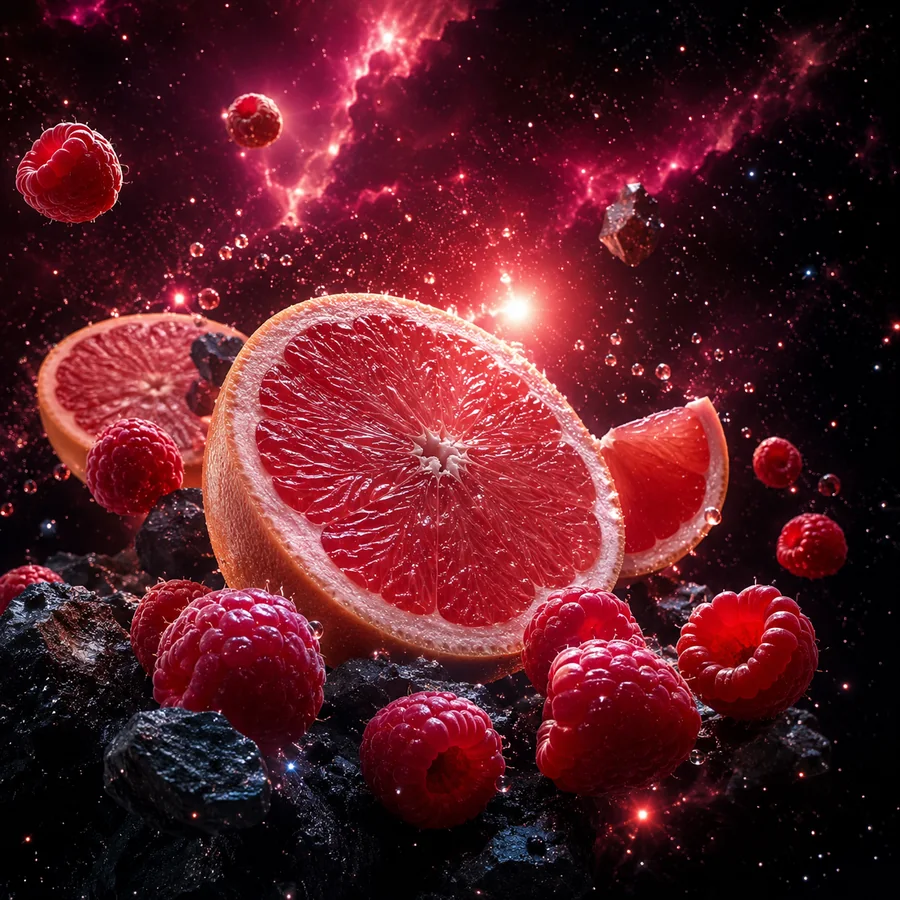 Realistické kosmické ztvárnění příchutě Greatfuu Rapbear: Grapefruit • malina