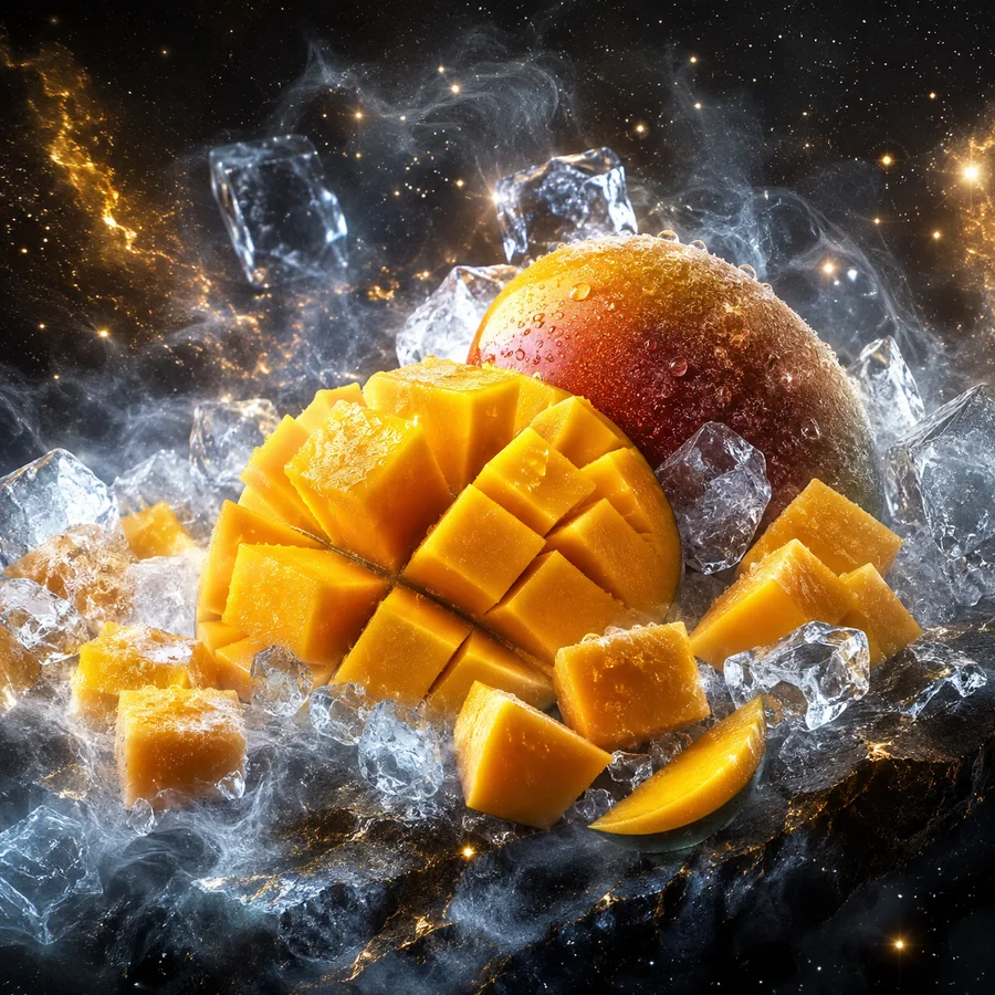 Realistické kosmické ztvárnění příchutě Icy King: Mango • led