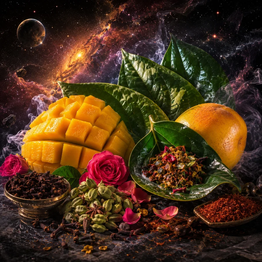 Realistické kosmické ztvárnění příchutě Pan’s Man: Paanový list • mango • koření