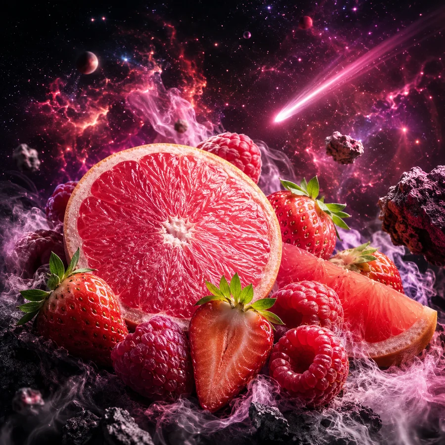 Realistické kosmické ztvárnění příchutě Pink Comet: Grapefruit • jahoda • malina