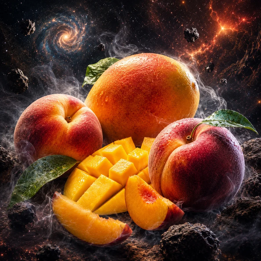 Realistické kosmické ztvárnění příchutě Pitch Man: Mango • broskev