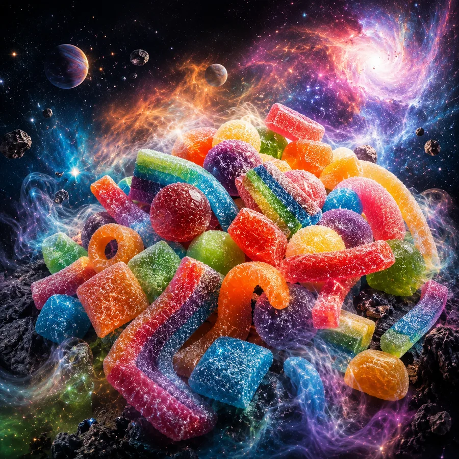 Realistické kosmické ztvárnění příchutě Rainbow Rush: Sladkokyselé ovocné bonbony