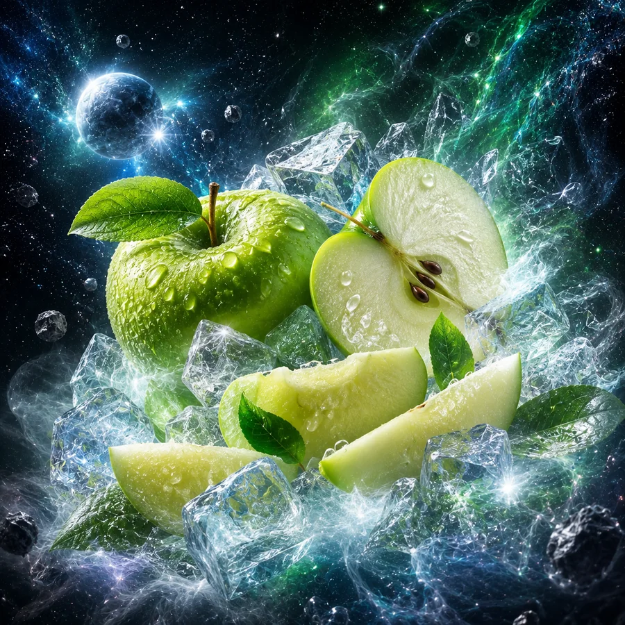 Realistické kosmické ztvárnění příchutě Shocked Icy Green: Kyselé zelené jablko • led