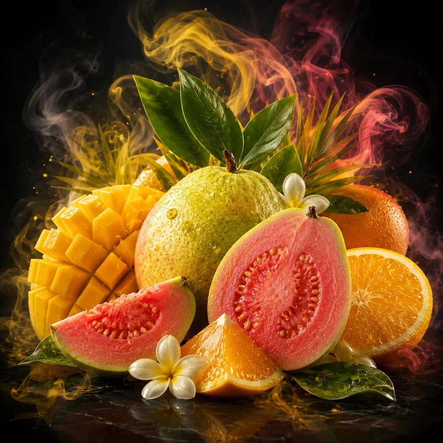 Stylizované ztvárnění příchutě Surfer's Delight: Guava, pomeranč a mango