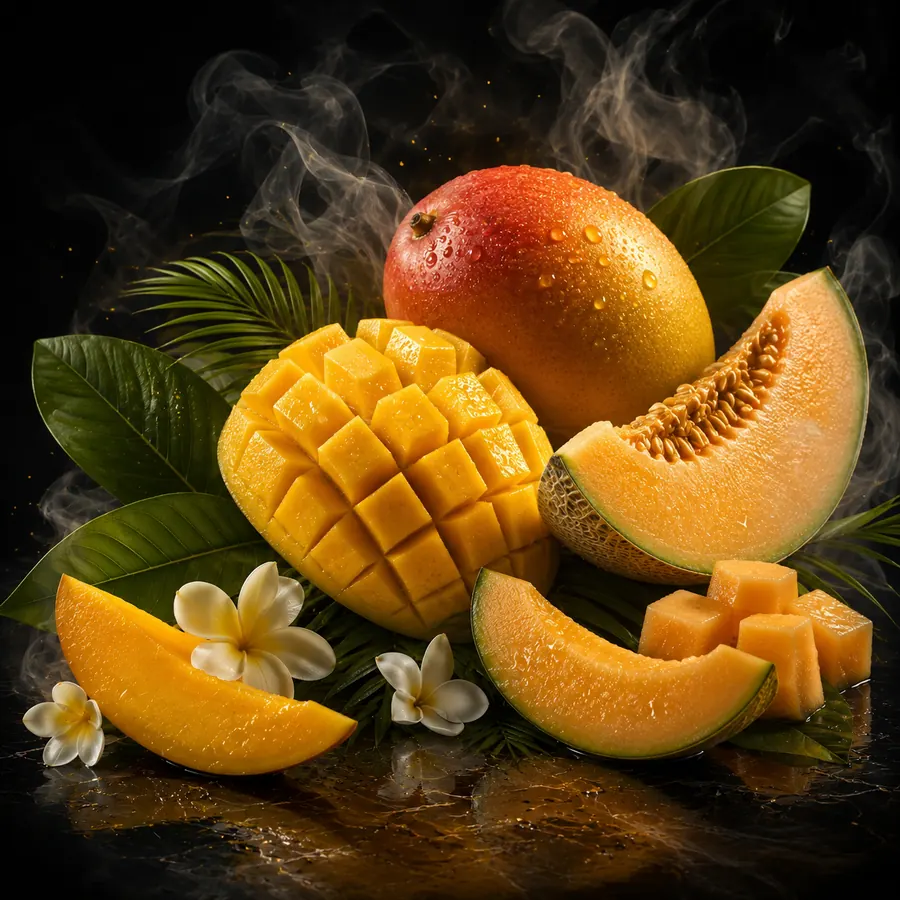 Stylizované ztvárnění příchutě Papa's Foreplay: Mango a meloun