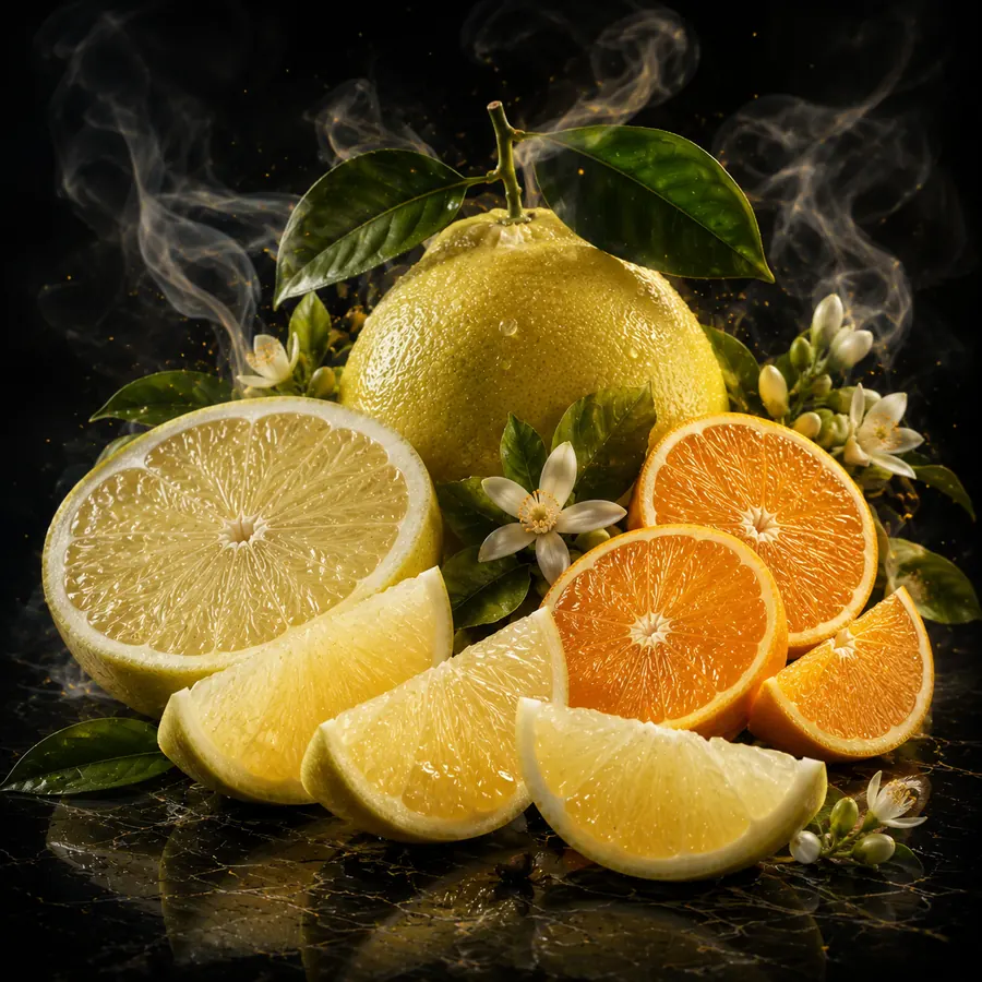 Stylizované ztvárnění příchutě Yunnan: Pomelo a pomeranč